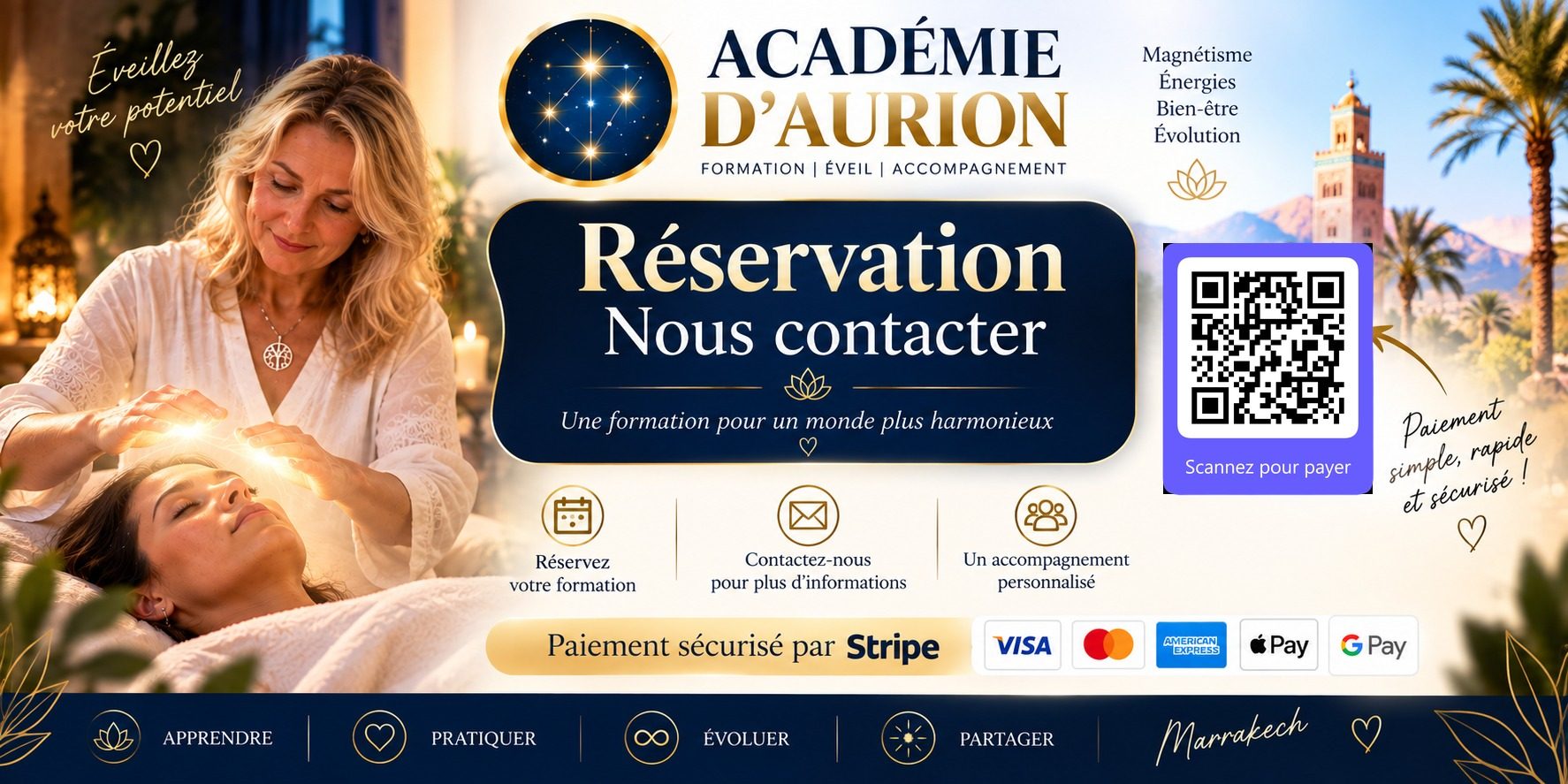 Académie d'Orion — Réservation, Nous contacter, formation magnétisme Marrakech