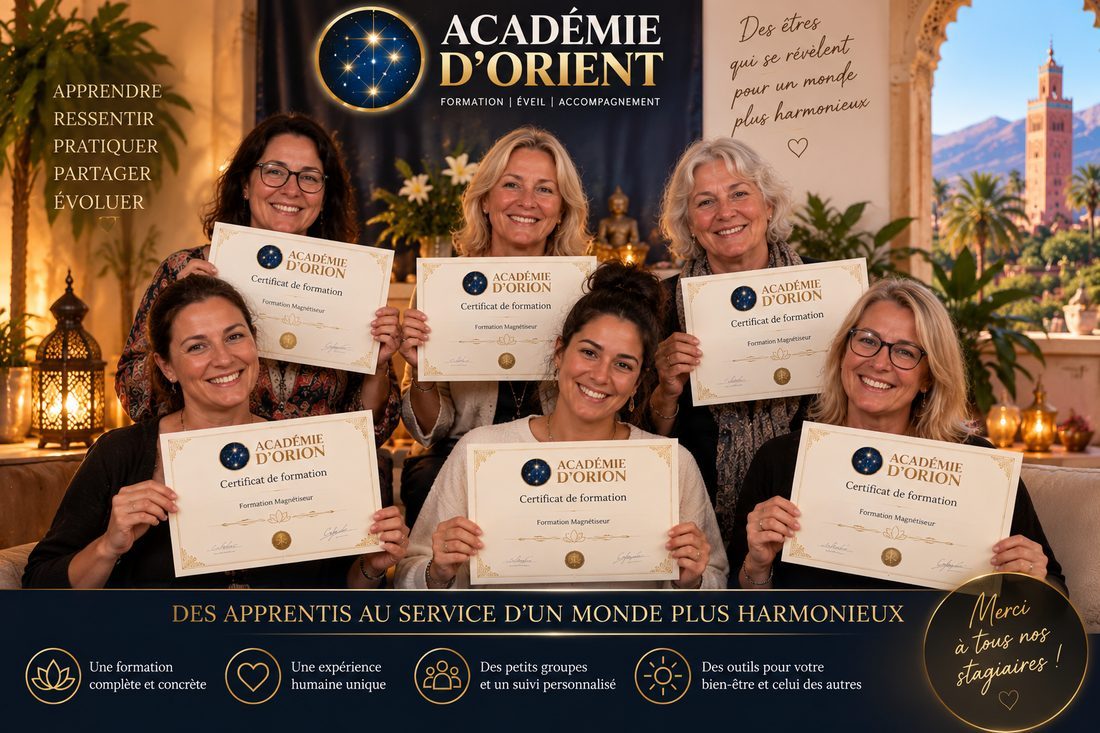 Stagiaires de l'Académie d'Orion tenant leur certificat de formation Magnétiseur